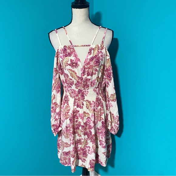 E Old Navy M Pink Floral Print Smocked Waist Cold Shoulder Cutout Mini Dress - Picture 2 of 7